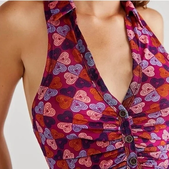 Free People Heart Patterned Mesh Collared Button Front Sleeveless Top Size XS - Picture 2 of 12